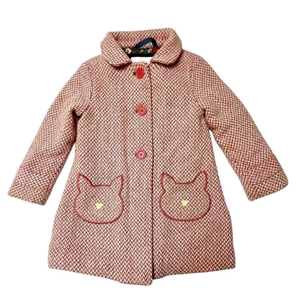 Mini Boden Herringbone Cat Pocket Wool Coat Size 2/3